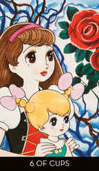 Cartoon illustration of a woman and child with flowers and trees in the background, labeled '6 of Cups'.