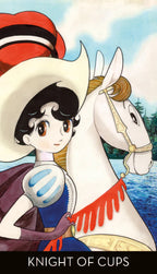 Animated character with a white horse against a scenic background, labeled 'Knight of Cups'.
