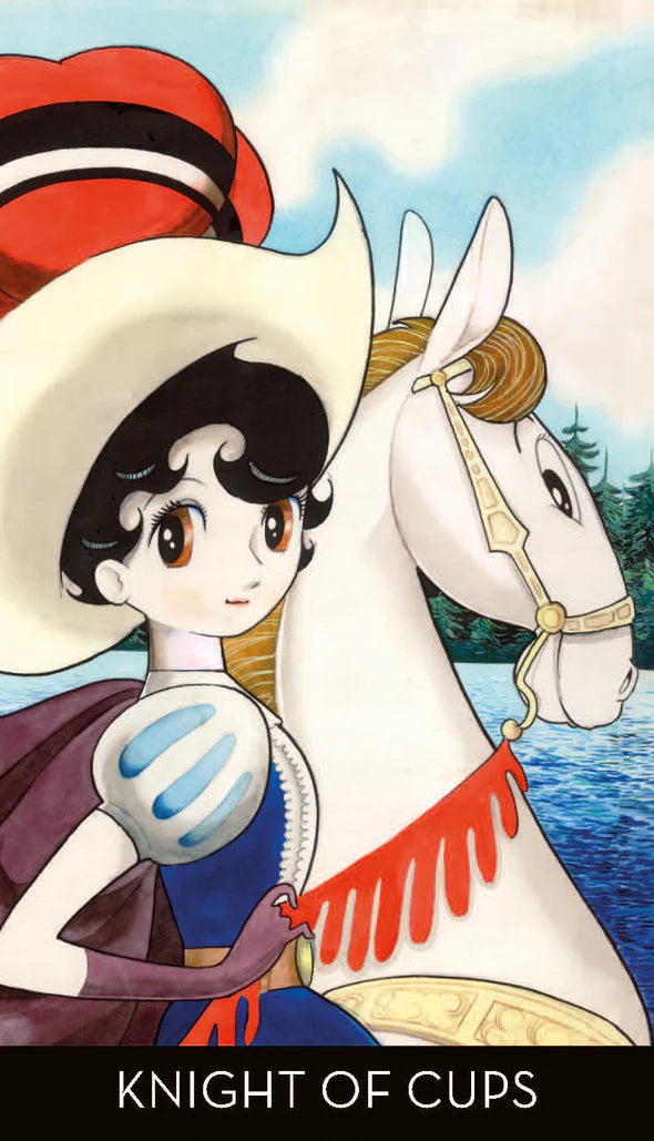 Animated character with a white horse against a scenic background, labeled 'Knight of Cups'.