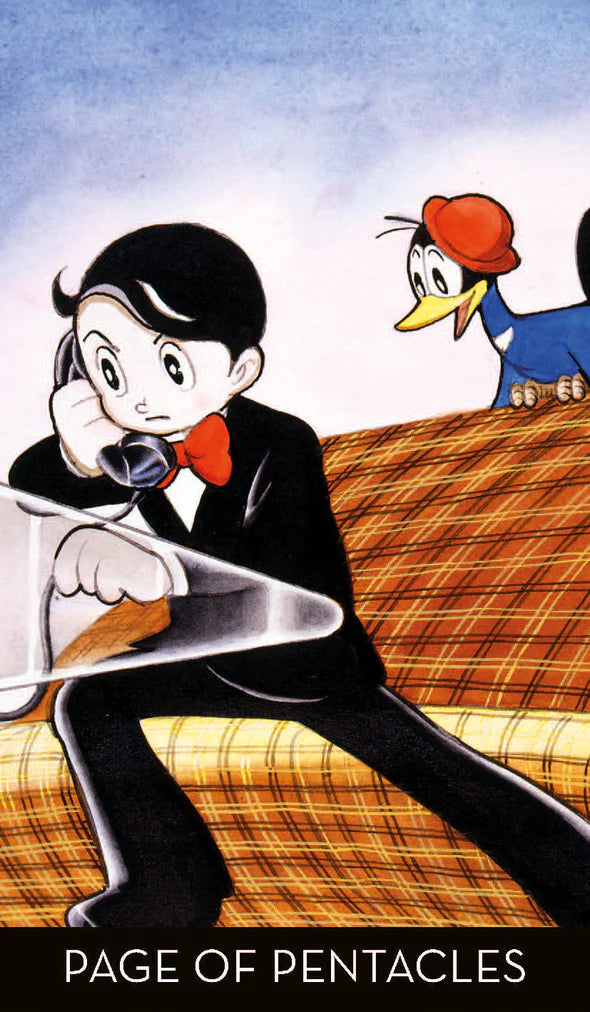 Animated character in a suit with a hat, sitting on a checkered surface, with text 'Page of Pentacles' at the bottom.