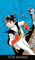 Animated character with multiple swords in a dynamic pose against a blue background