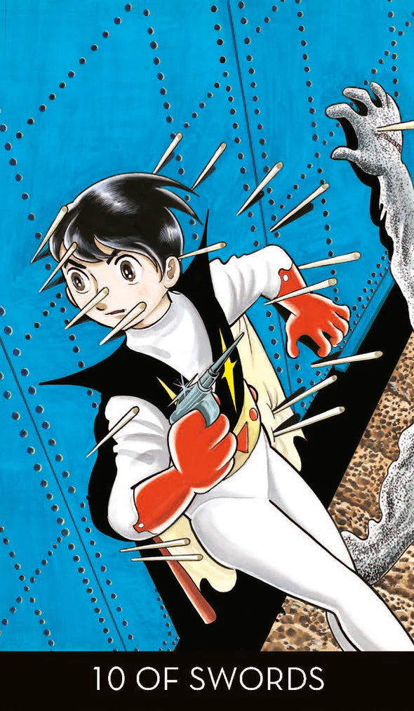 Animated character with multiple swords in a dynamic pose against a blue background