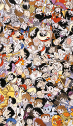 Collage of various cartoon characters in a patterned design.
