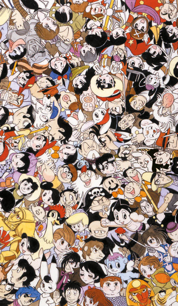 Collage of various cartoon characters in a patterned design.