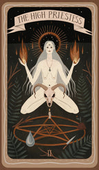 Tarot card featuring 'The High Priestess' with a central figure holding flames, surrounded by nature elements.