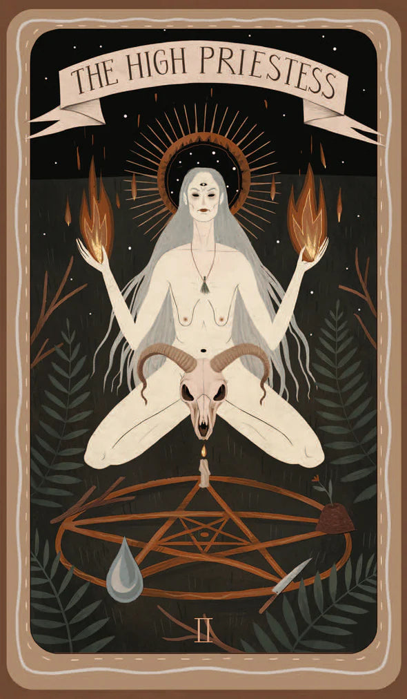 Tarot card featuring 'The High Priestess' with a central figure holding flames, surrounded by nature elements.