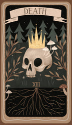 Death card from a tarot deck with a skull, crown, and forest background.