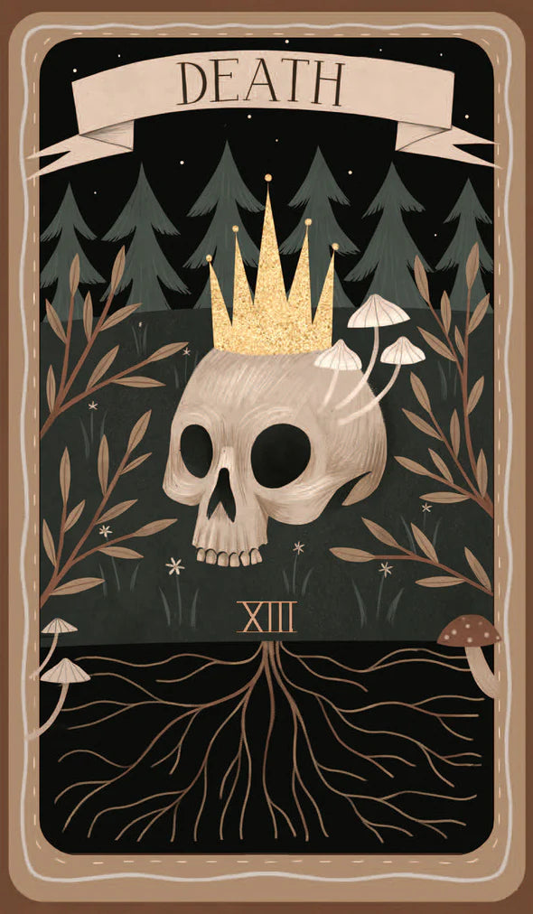 Death card from a tarot deck with a skull, crown, and forest background.