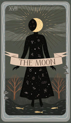 Tarot card titled 'The Moon' with a silhouette of a person and celestial symbols.