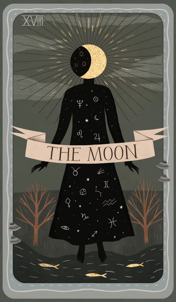 Tarot card titled 'The Moon' with a silhouette of a person and celestial symbols.