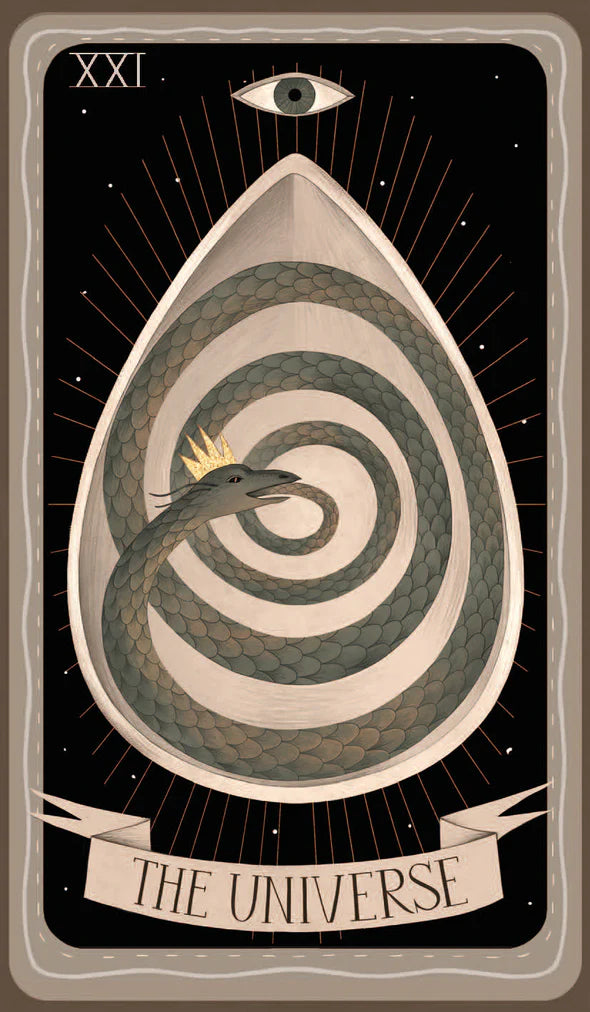 Tarot card titled 'The Universe' with a snake and eye design on a dark background