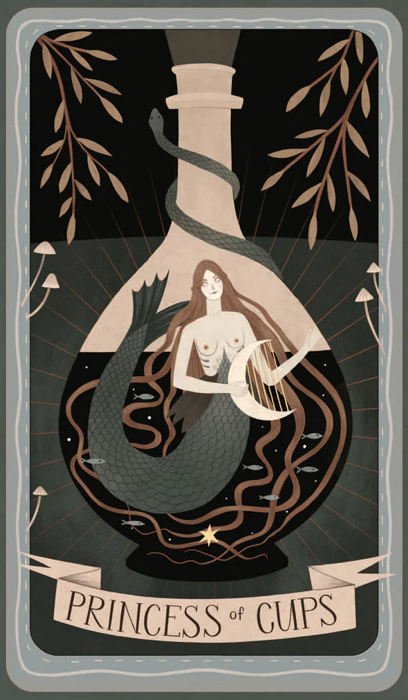 Card titled 'Princess of Cups' featuring a woman inside a large vase with nature elements.