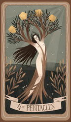 Tarot card featuring a nude figure intertwined with a tree, labeled '4 of Pentacles'.
