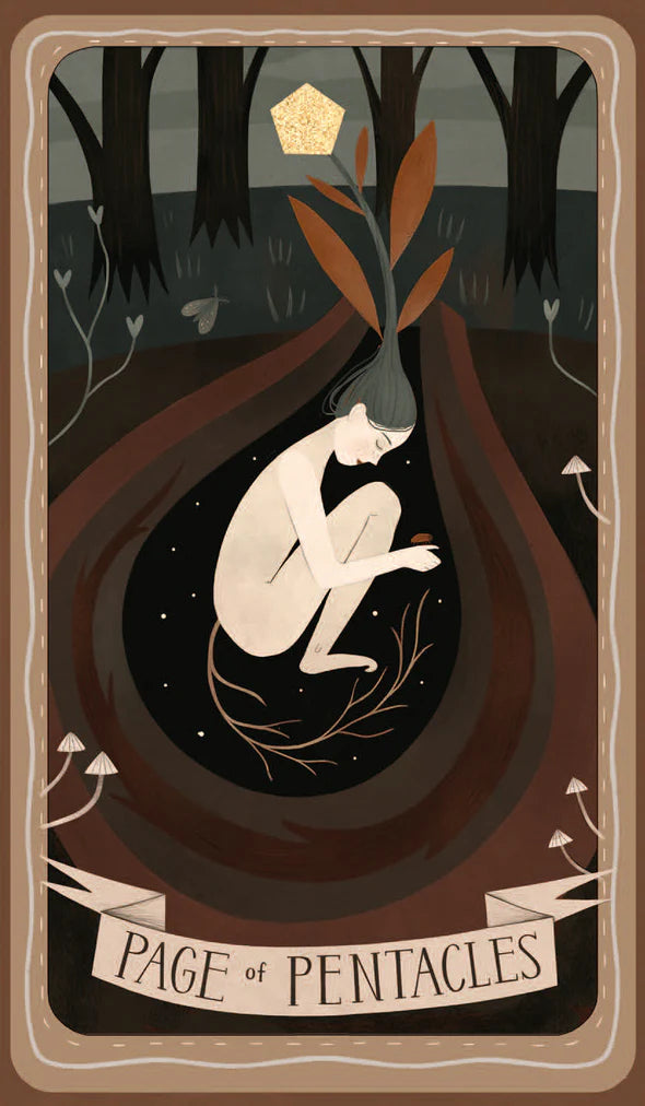 Illustration of a cat in a forest with 'Page of Pentacles' text at the bottom.