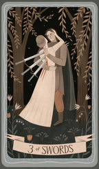 Tarot card featuring a couple in a forest with '3 of Swords' at the bottom.