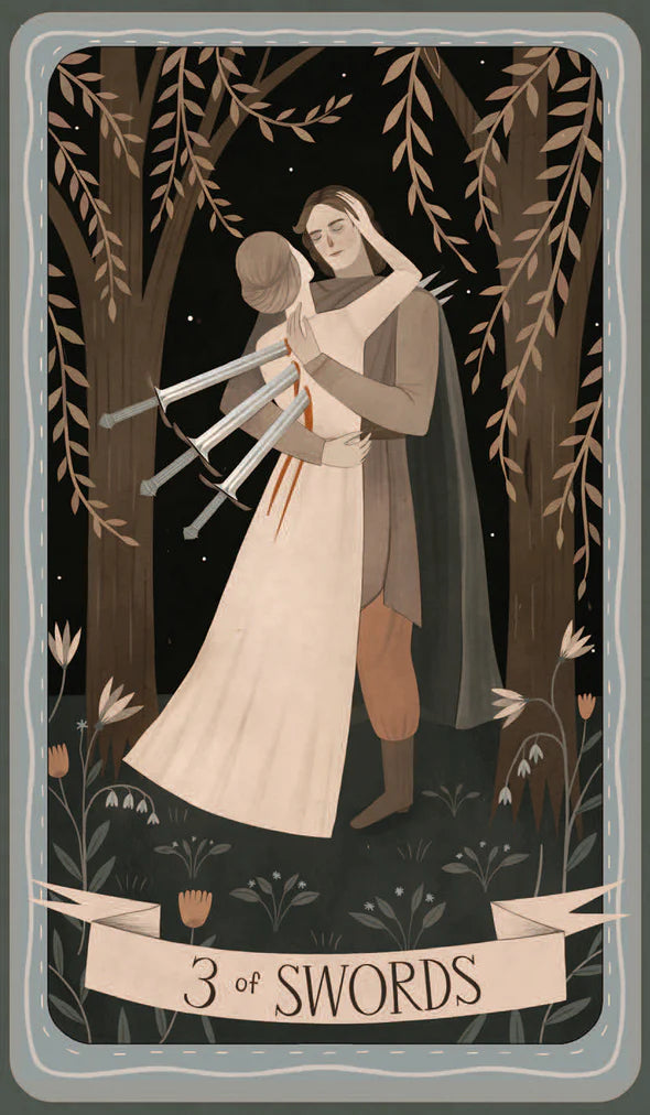 Tarot card featuring a couple in a forest with '3 of Swords' at the bottom.