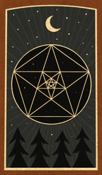 Geometric design with a circle and star pattern on a black background with trees and moon.