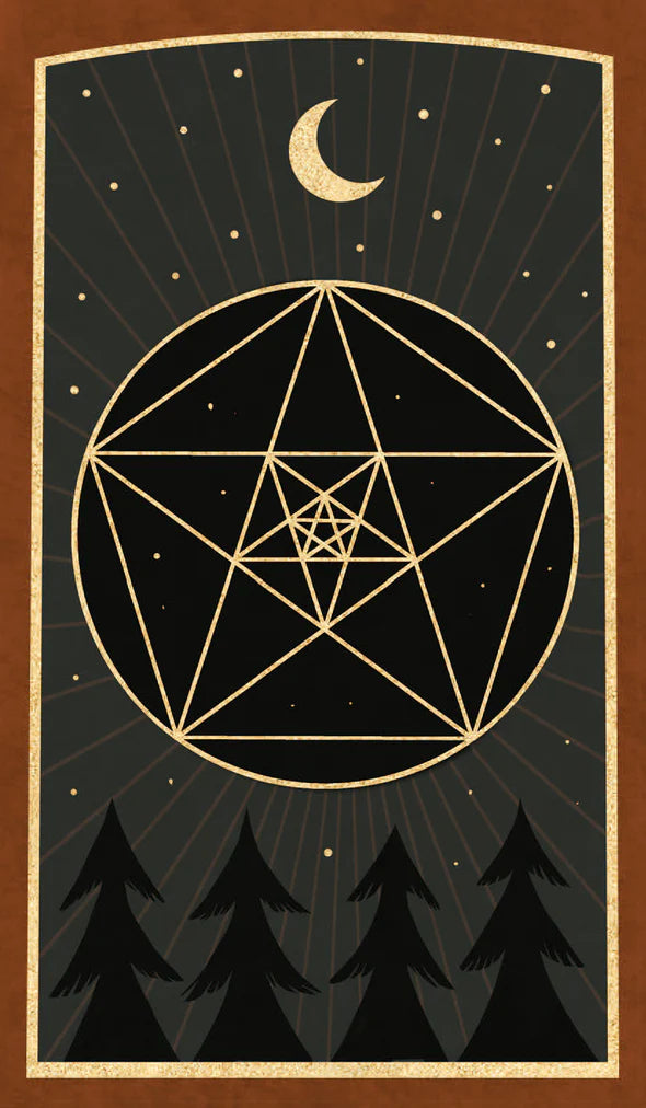 Geometric design with a circle and star pattern on a black background with trees and moon.