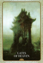 Tarot card with a tower labeled 'Gates of Heaven' on a foggy background