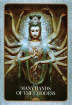 Illustration of a goddess with multiple hands on a textured background