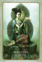 Artistic depiction of a figure holding a lotus flower with 'The Lotus Throne' text below.