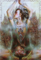 Artistic depiction of a woman in a meditative pose with intricate jewelry and a floral background.
