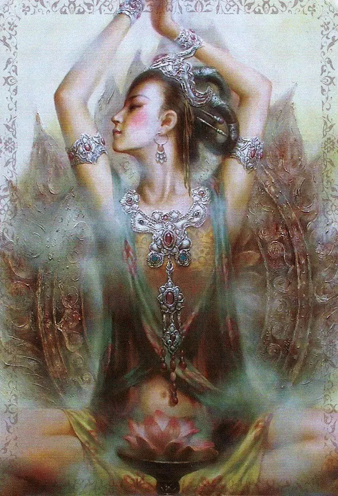 Artistic depiction of a woman in a meditative pose with intricate jewelry and a floral background.
