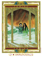 Card with a decorative border featuring two people in green clothing standing in water, labeled 'O Innocence'.
