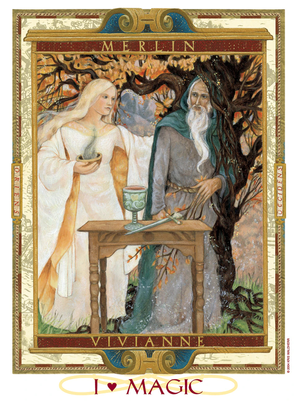 Illustration of a man and woman at a table with a tree in the background, featuring the text 'I ?? Magic'.