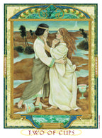 Two people embracing with decorative border and 'Two of Cups' text