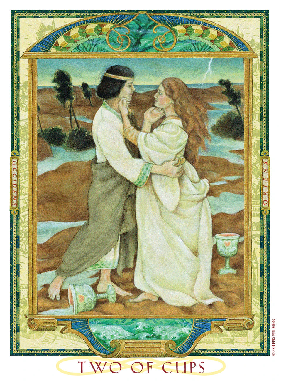 Two people embracing with decorative border and 'Two of Cups' text