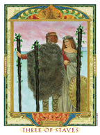 Card from a tarot deck featuring two figures standing between three dark staves against a colorful border.