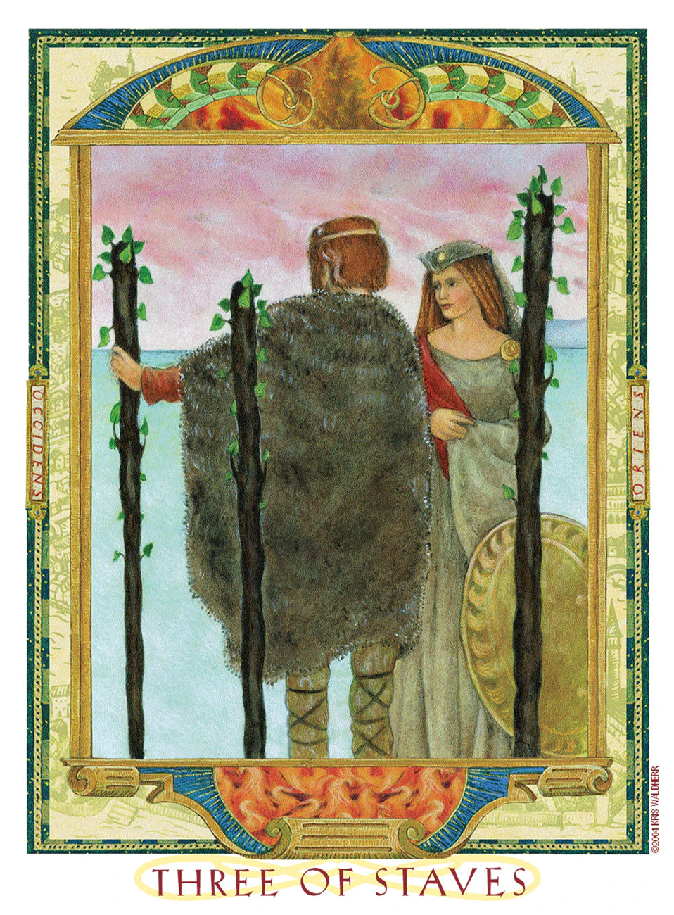 Card from a tarot deck featuring two figures standing between three dark staves against a colorful border.