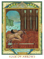 Four of Arrows tarot card with decorative border and scenic background