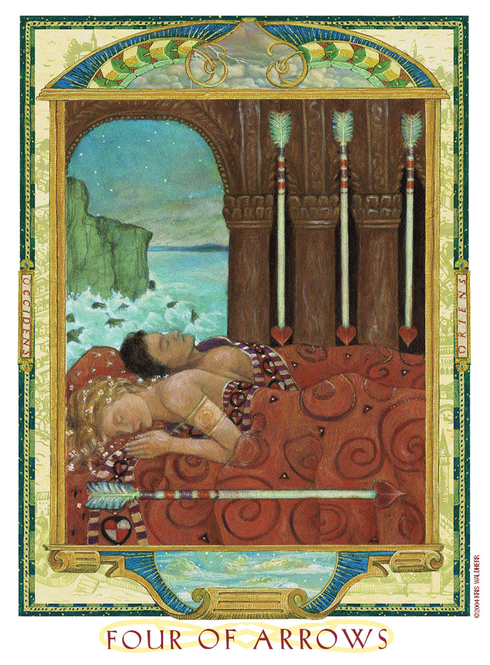 Four of Arrows tarot card with decorative border and scenic background