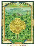 Card featuring a gold emblem with a heart and crown, surrounded by green leaves and mountains, labeled 'Ace of Coins'.