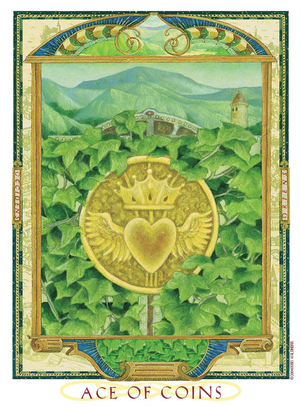 Card featuring a gold emblem with a heart and crown, surrounded by green leaves and mountains, labeled 'Ace of Coins'.