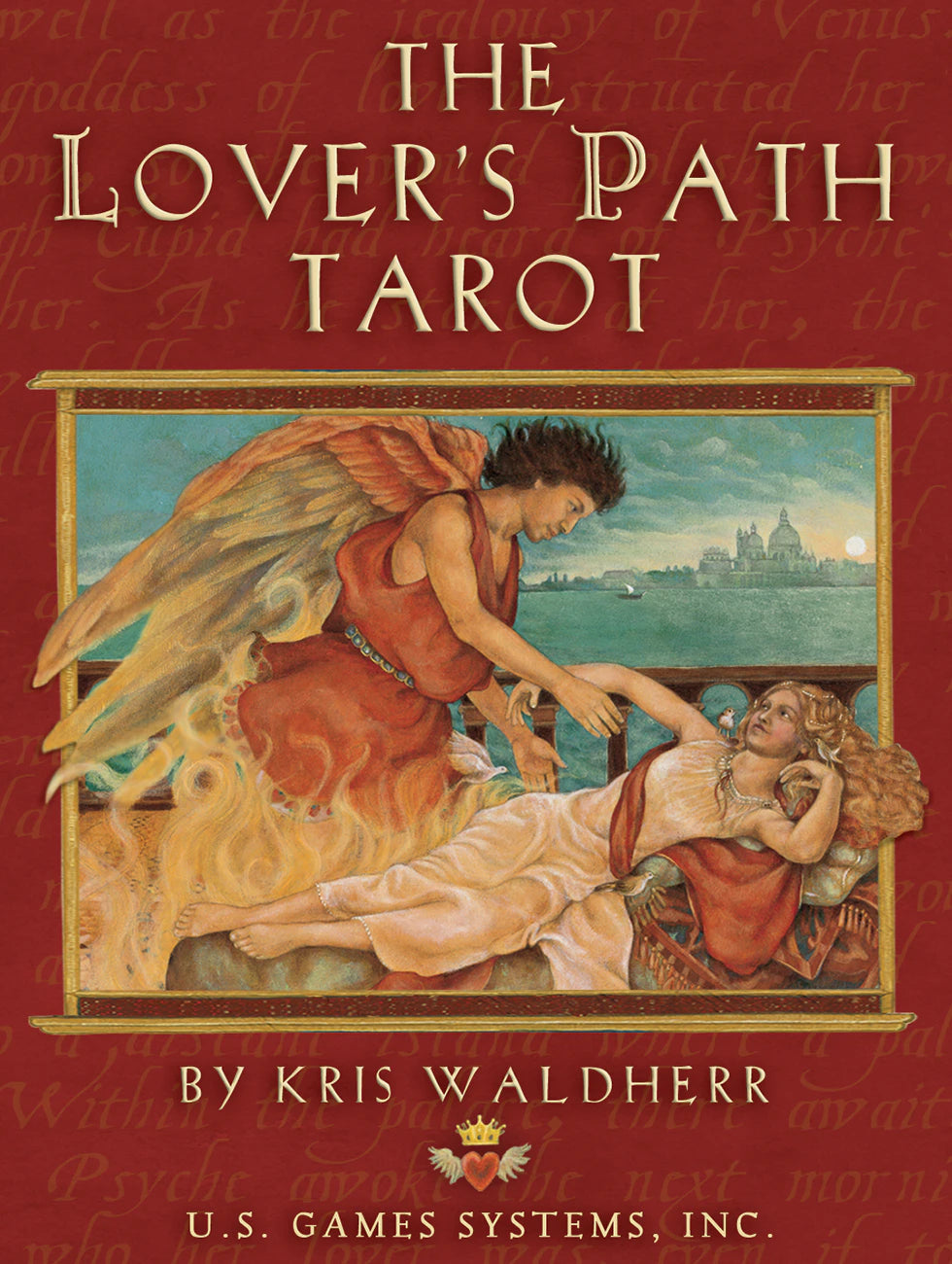 Cover of 'The Lover's Path Tarot' with illustration of angel and woman on red background