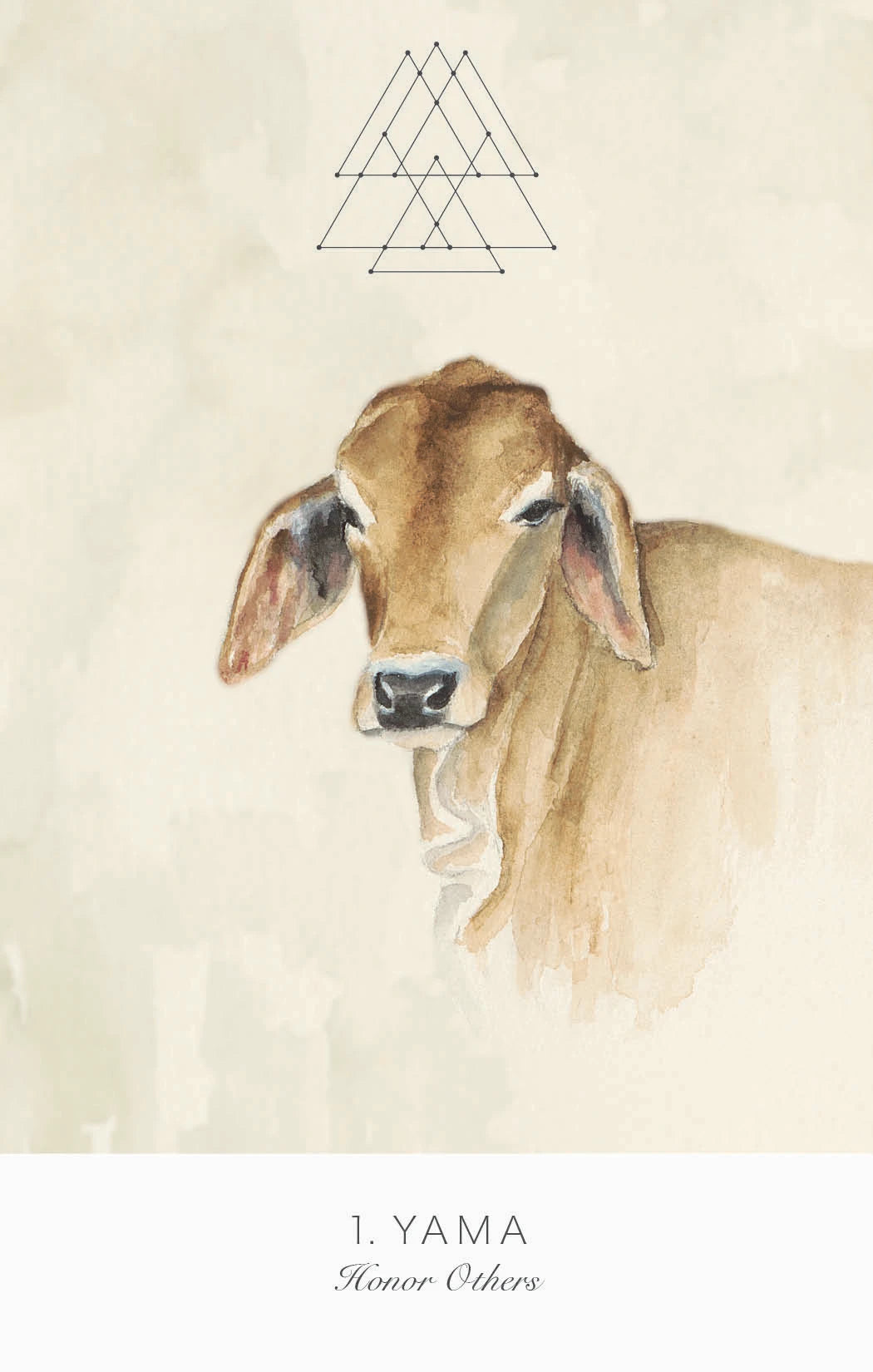Watercolor painting of a cow with a geometric design above it on a beige background.