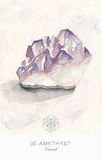 Crystal amethyst on a white background with a subtle geometric design and text.