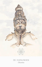 Illustration of Hanuman with a geometric design and text on a light background