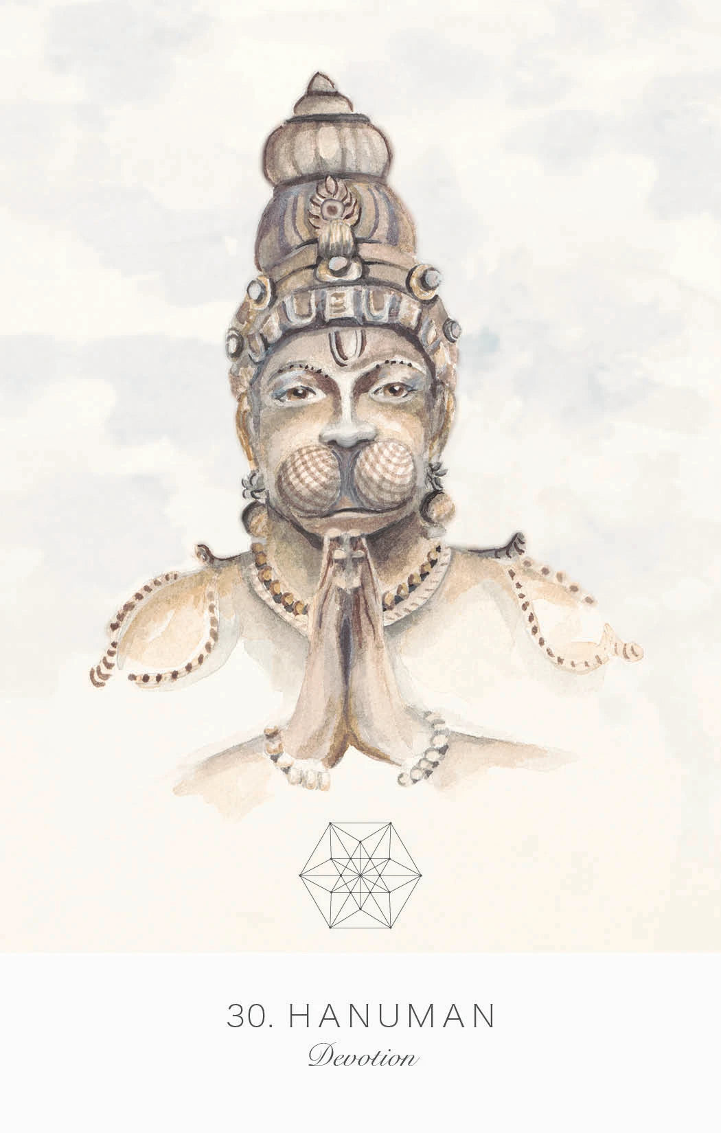 Illustration of Hanuman with a geometric design and text on a light background