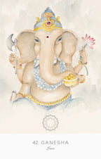 Illustration of Ganesha holding a flower and a bowl, with a decorative background.