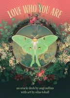 Ornate cover of 'Love Who You Are' oracle deck with a green butterfly and floral design on a red and black background.