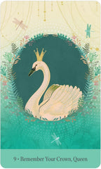 Card with a swan wearing a crown surrounded by foliage and dragonflies on a teal background.