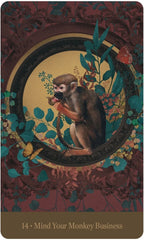 Card with a monkey holding an apple, surrounded by nature-themed design and text '14. Mind Your Monkey Business'.