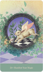 Card with a fairy rabbit on a checkered platform surrounded by foliage and flowers.