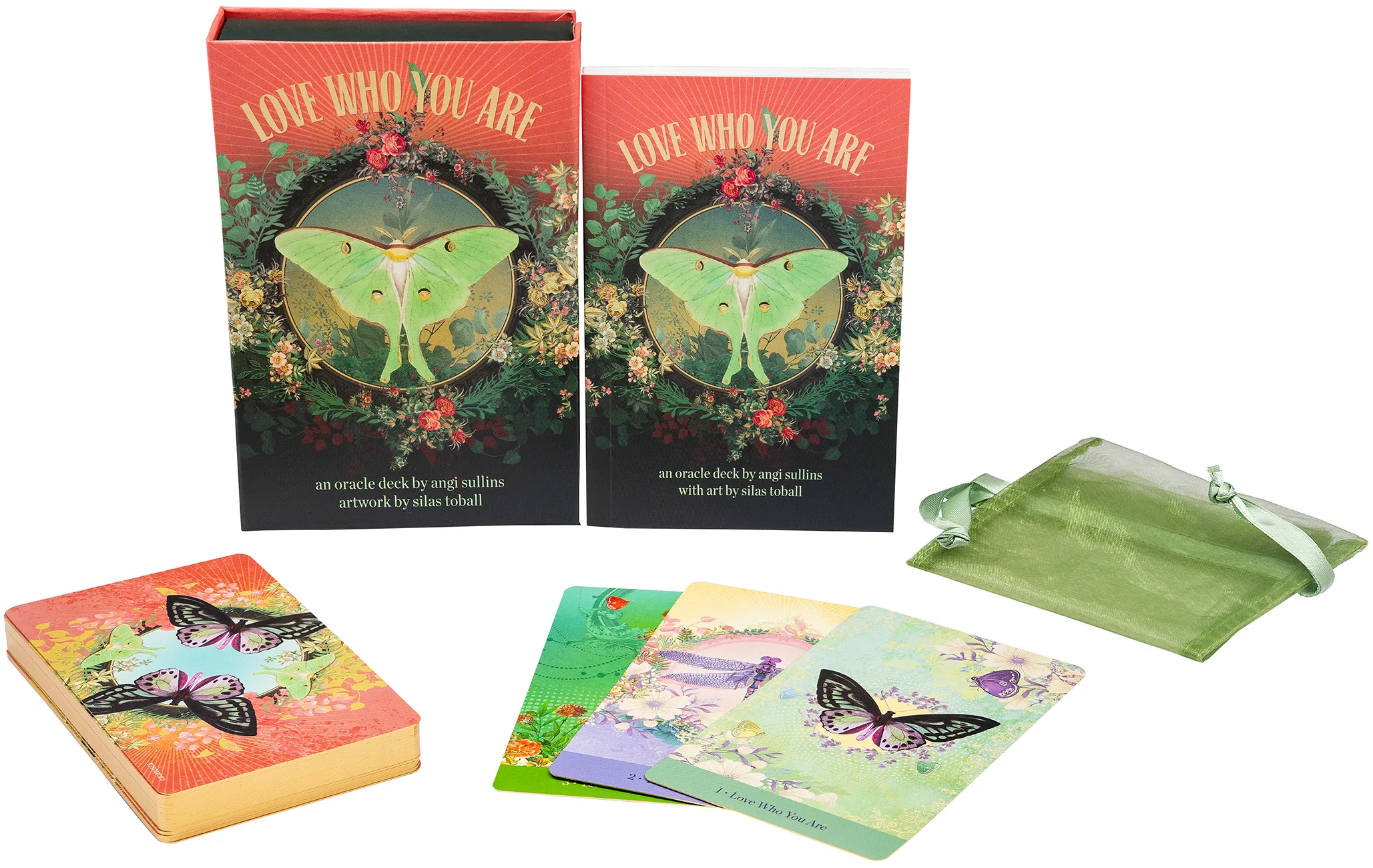 Card game set with butterfly illustrations and 'Love Who You Are' text on packaging.