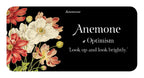 Floral design with anemone flowers on a black background, featuring the word 'Anemone' and a quote.