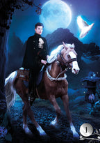 Man riding a horse with a white dove flying above under a large moonlit sky.